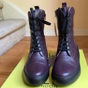 Fly London Daff Leather Wedge Combat Boot Dark Purple Sofia SZ 41/US 10